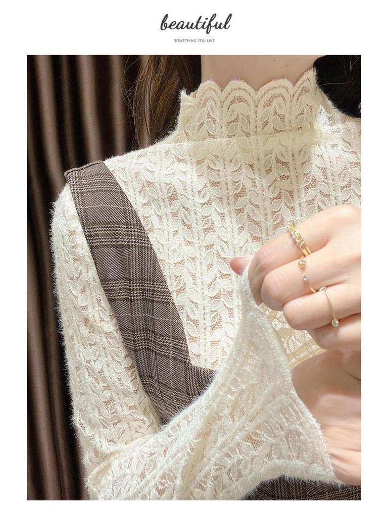 Women's 2025 Lace Stand Collar Velvet Shirt - Long Sleeve, Thickened Slim Fit Base Layer for Autumn and Winter