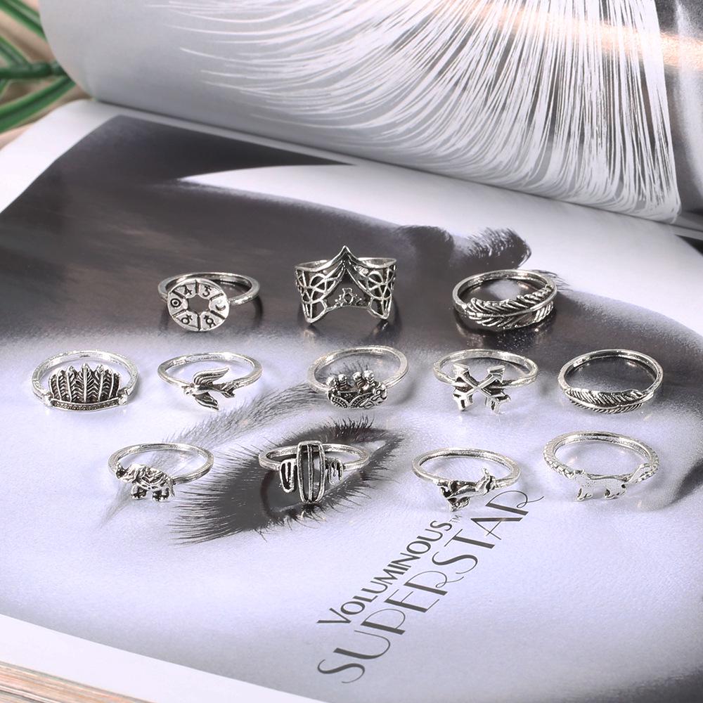 New Retro Alloy Set Leaf Fox Elephant Ring 12-piece Set
