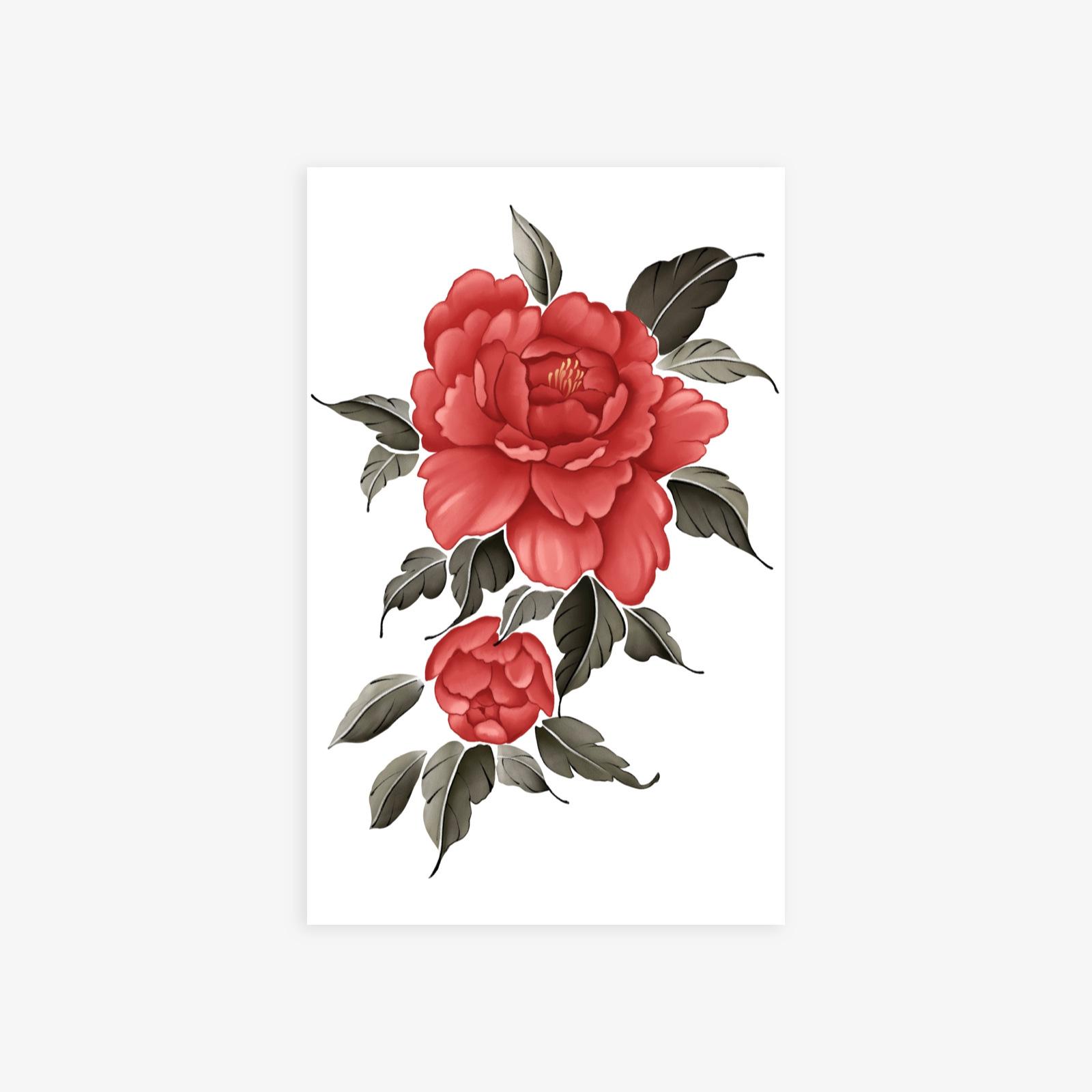 Dark Personality Tattoo Sticker Waterproof Female Long-Lasting Red Large Plain Flower Tattoo Sticker 12*19