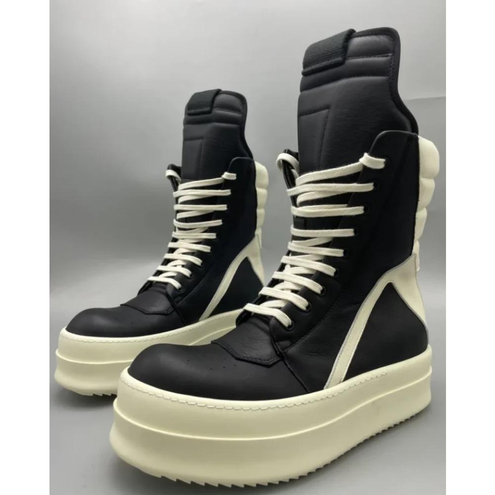 

Мужские высокие кроссовки на платформе, женские кроссовки, кожаные на шнуровке, готические каблуки, роскошные, винтажные, трендовые, дизайнерские ботинки для мужчин, черные 35