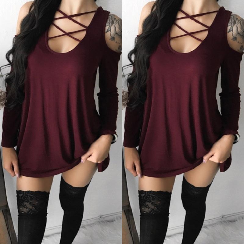 Womens Fashion Summer Sexy Off Shoulder Bandage Blouse Long Shirt Sleeve Tops