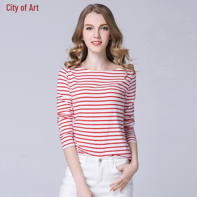 

Весна 2023 Женская футболка с длинным рукавом на одно плечо в черно-белую полоску M красный