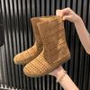 2025 spring and summer new sandals leather hole middle boots medium heel thick heel large size women's boots hollow cool boots