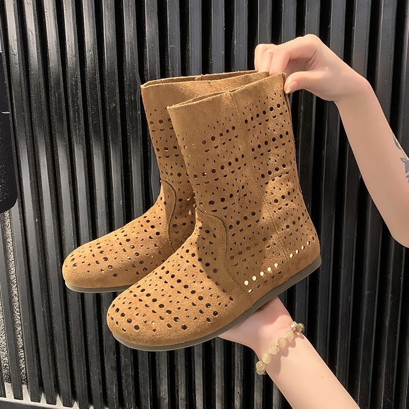 2025 spring and summer new sandals leather hole middle boots medium heel thick heel large size women's boots hollow cool boots