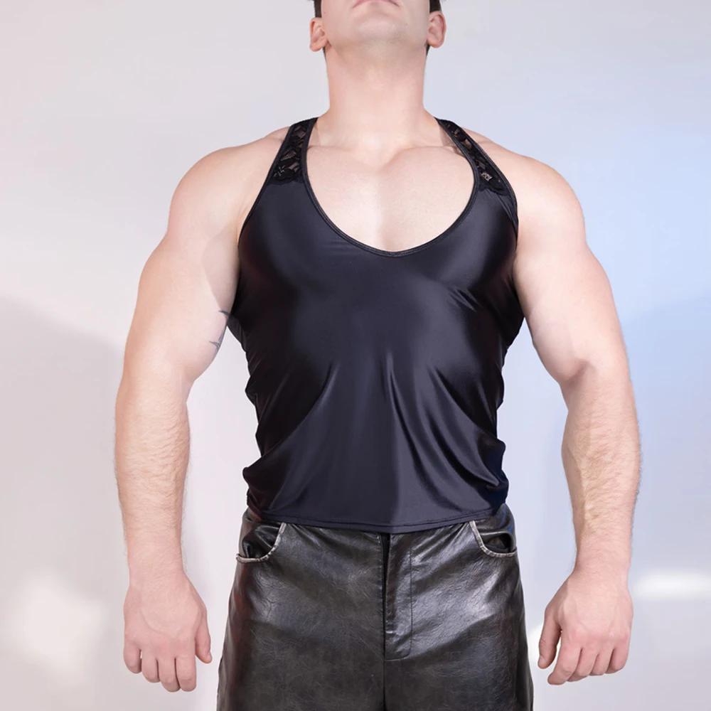 Sexy Men Lace Tank Top Oil Glossy Shiny Vest Mesh Sheer See Through Thong Stain Smooth Tights Elastic Shaper Top T-Shirt