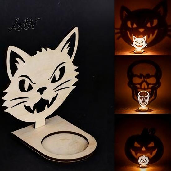 Halloween Tealight Base Wooden Candle Holder Ornaments, Decorative Cat/Pumpkin/ Ghost/Skull Projection Theme Light Stand, Creative Tabletop