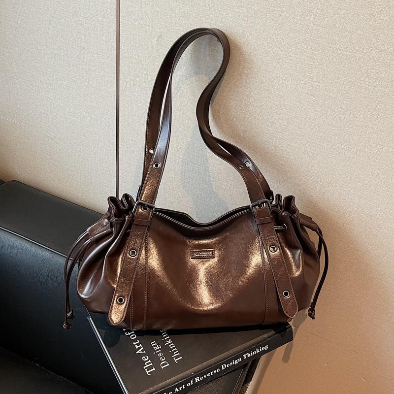 

Трендовая ретро сумка-тоут с кулиской и сборками - Универсальная на плечо/через плечо большой вместимости 48x13x20 cm кофейный