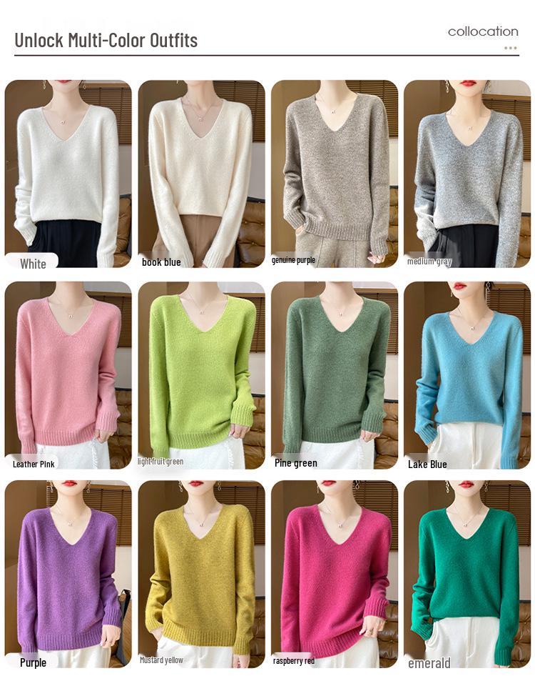 Women's V-Neck Thickened Wool Knit Sweater – 100% Pure Loose Fit