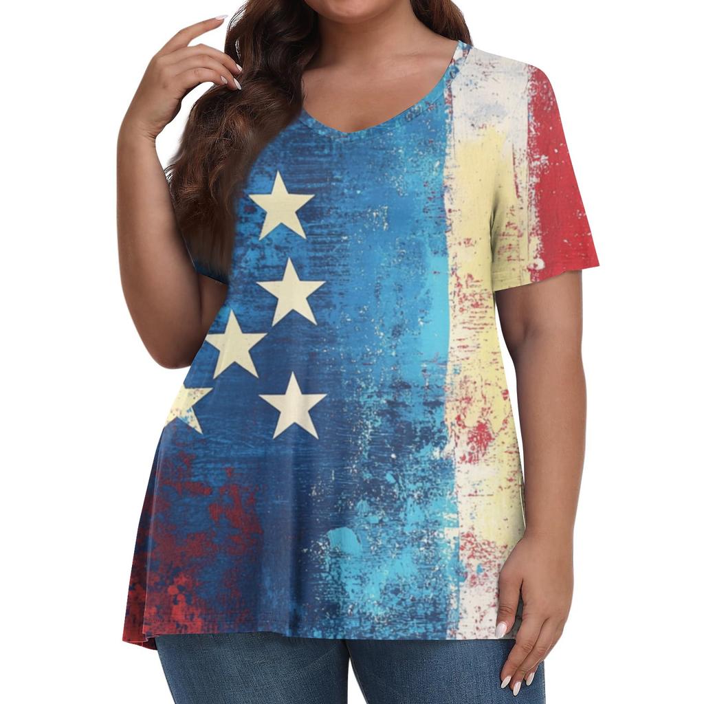 Women's Fashion Casual V-Neck Pullover Short Sleeve Large Size Independence Day Printed T-Shirt Top