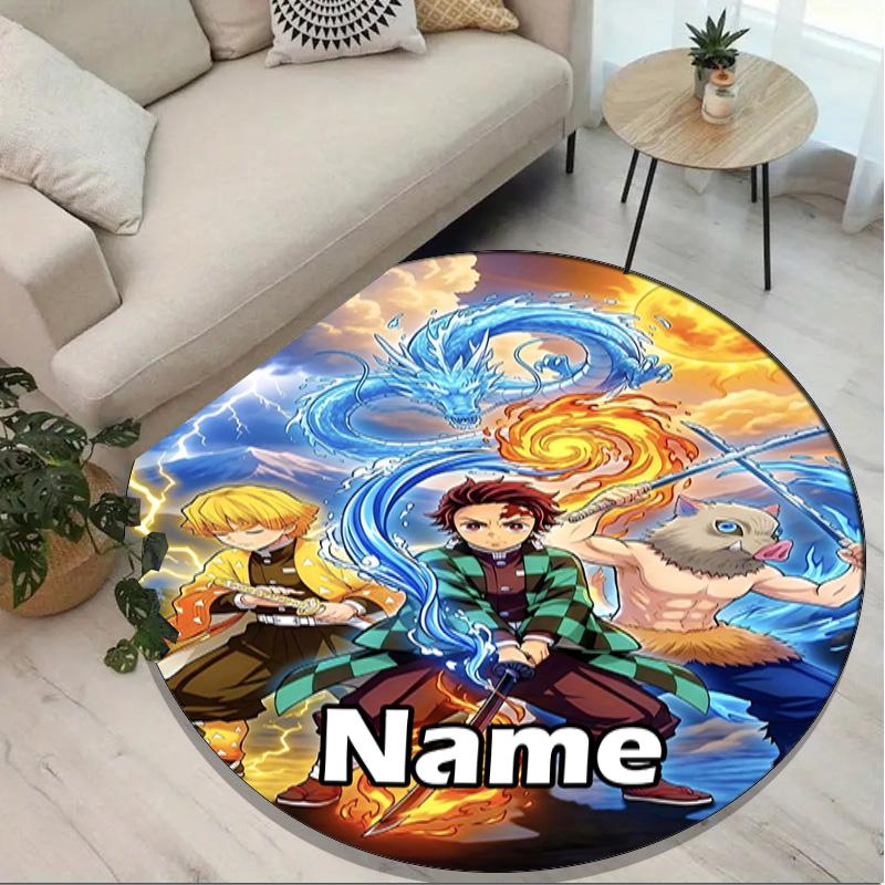 Custom Name Personalized Demon Slayer Print Round Rug, Versatile Home Decor Carpet, for Playroom, Apartment, Balcony, Entryway, Hallway Gift