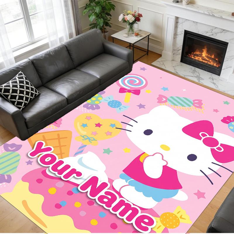 Crystal Velvet Rug Custom Name Text, Soft Non Slip Floor Mat Home DecorHello Kitty