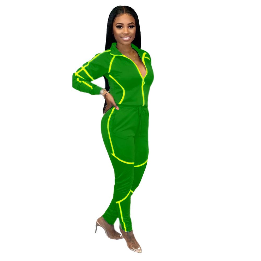

European Women s Autumn/Winter Patchwork Sports Suit - Long Sleeve & Pants, Solid Color Casualwear Large зелений
