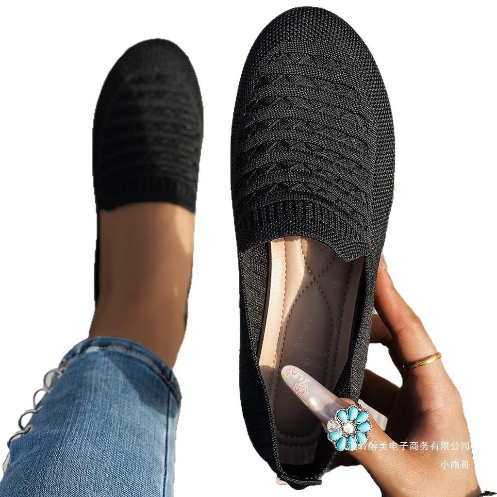 New Large Size Knitted Breathable Low-top Single Shoes Women's Foreign Trade Round Head Flat Bottom Lightweight Knitted Lazy Loafers