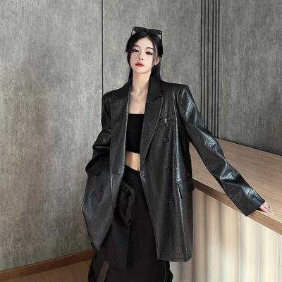 Women's Black Leather Suit Jacket, Autumn Casual Style with Loose Fit, Charming and Elegant Outerwear