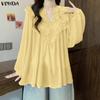 VONDA Summer Women V Neck Crochet Lace Splicing Loose Casual Long Sleeve Blouse