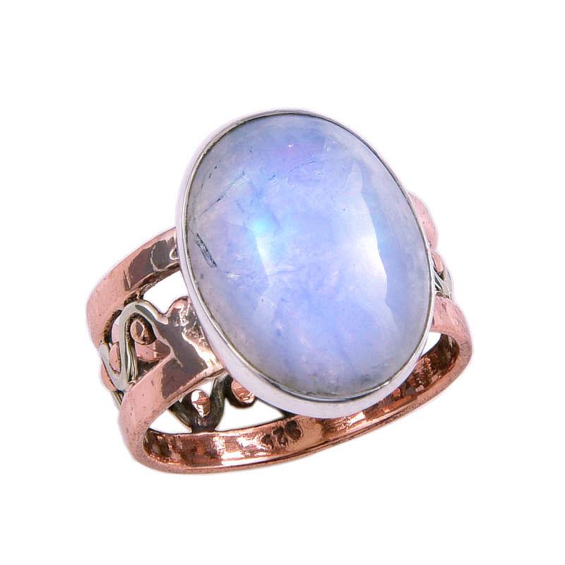 Natural Rainbow Moonstone Gemstone Two Tone 925 Sterling Silver Ring S.5.5 U9N68