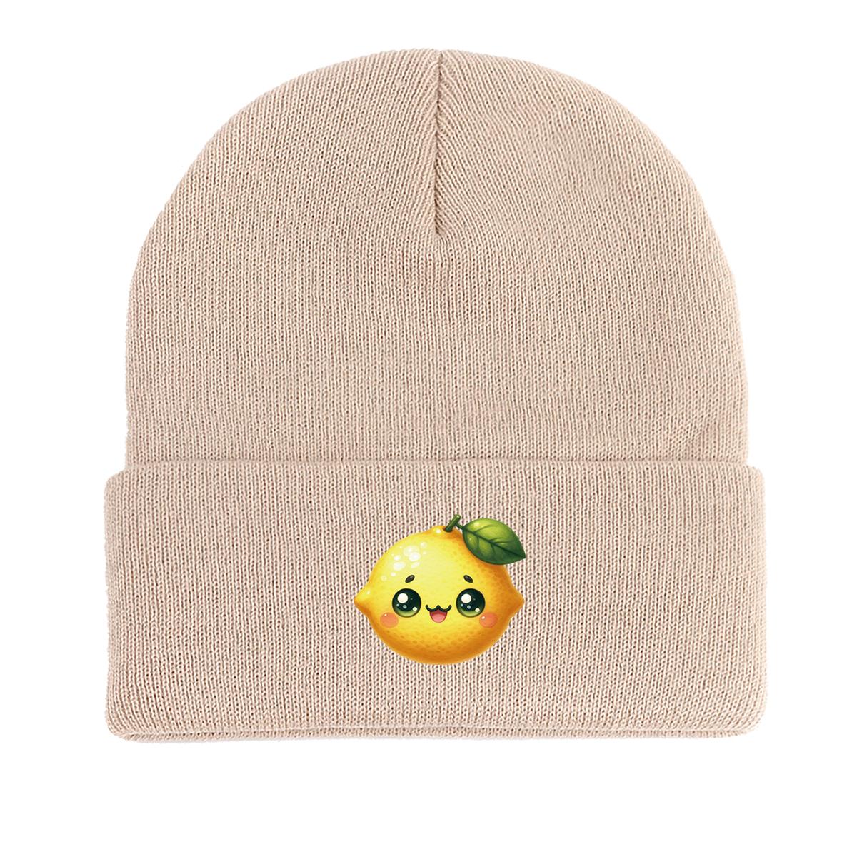 

Вязаная шапка с рисунком манго, шапка-бини с фруктами, удобные эластичные однотонные шапки с помпоном, вязаная шапка-бини as the picture бежевый