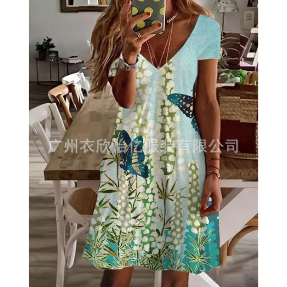 BITCED Women's Fashion Summer Spring Floral Print Short Sleeve V-Neck Casual Dresses