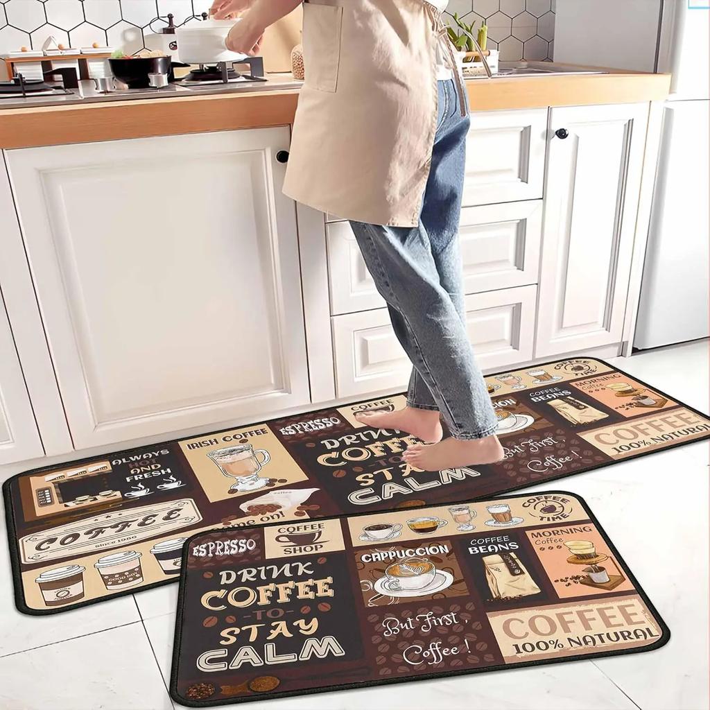 2pcs Kitchen Carpet Soft Anti-Slip Coffee Print Kitchen Decorative Mat Shower Room Door Mat Home Decoration