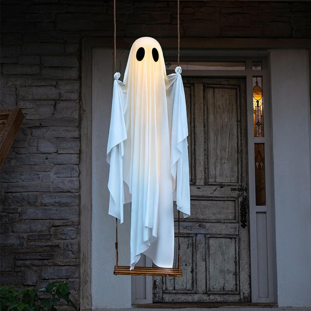 Halloween Hanging Swing Ghost with LED Lights Hanging Swing Ghost Spooky Swing Ghost for Garden Patio Yard Porch Outdoor Holiday