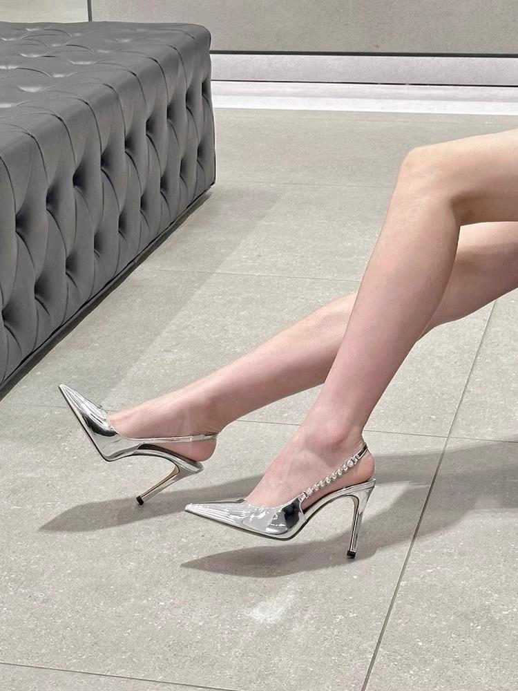 New pointed head shallow mouth rhinestone patent leather silver high heels women's fine heel versatile professional word with bag head sandals summer