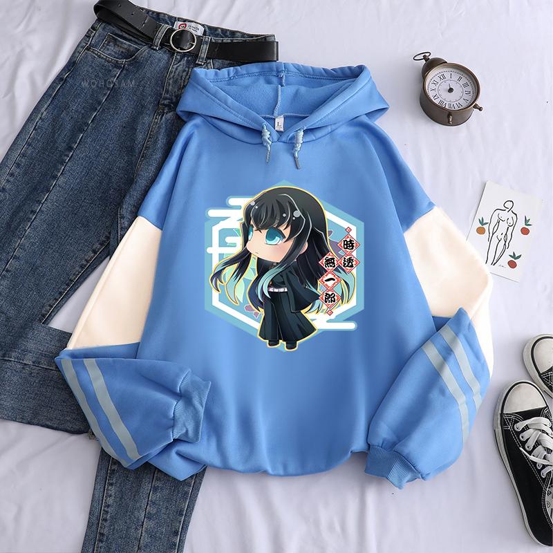 

Горячая аниме Demon Slayer Muichiro Tokito Kawaii с мультяшным принтом для мужчин и женщин лоскутные толстовки Harajuku Kimetsu No Yaiba толстовка L