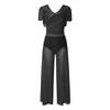 Womens Lyrical Dance Leotard Pants Suit Ruffled Sleeves Backless Sparkly Bodysuit Split Wide Leg Pants Dancewear