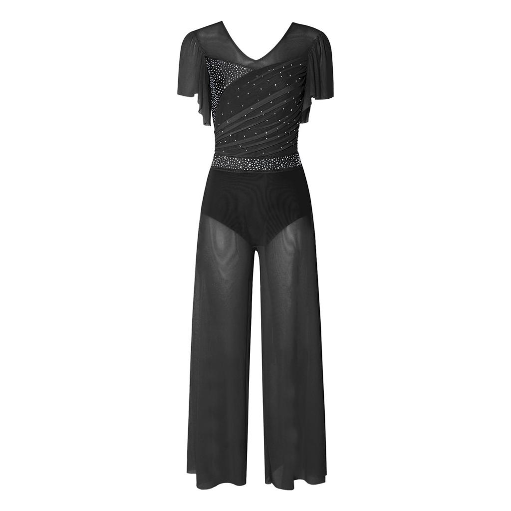 Womens Lyrical Dance Leotard Pants Suit Ruffled Sleeves Backless Sparkly Bodysuit Split Wide Leg Pants Dancewear