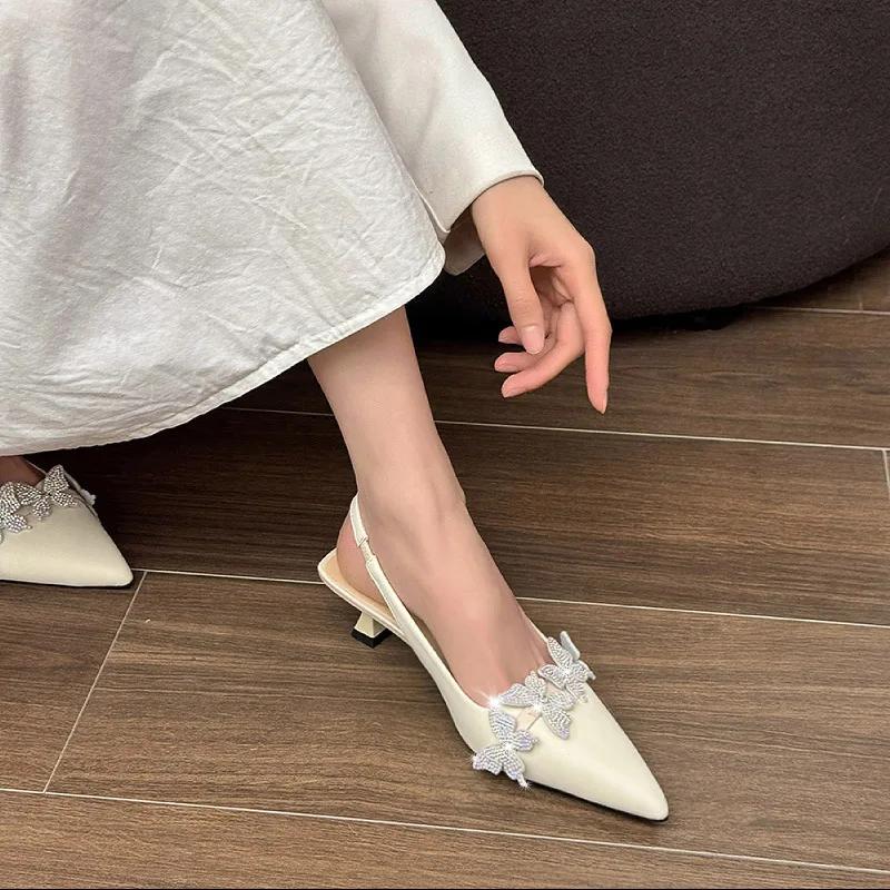 Rhinestone Sandals High Heels Female Shoe Large Size High-heeled Girls Pointed Closed Big Comfort Retro Stiletto Scandals Back S
