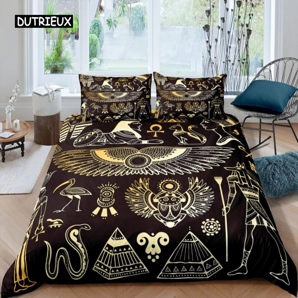 Ancient Egypt Duvet Cover Set Egyptian Symbol Bedding Set Vintage Pharaoh Pyramid Boho Tribal Polyester Quilt Cover 2/3pcs Queen
