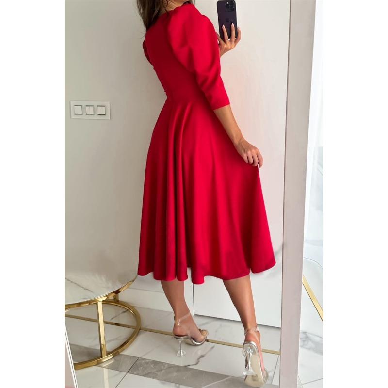 JKASHDK Kadın Moda Yaz Bahar Düz Renk Baskı 3/4 Kollu V Yaka Yüksek Bel Günlük Elbiseler