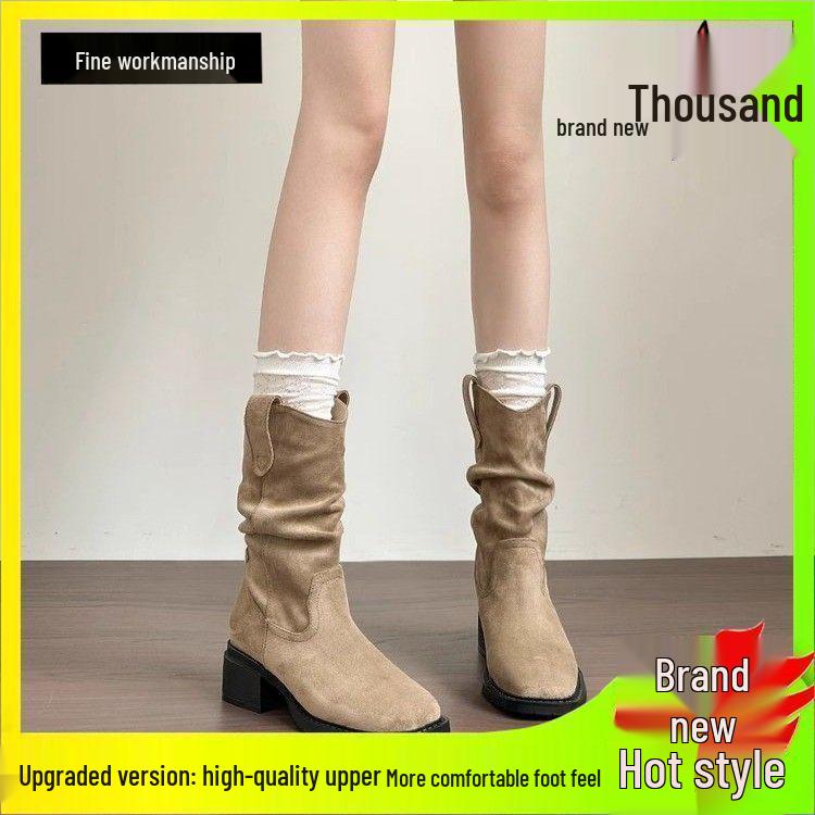 AutumnWinter 2025 Retro Style Mid-Calf Suede Ruched Cowboy Boots 39 3980₽