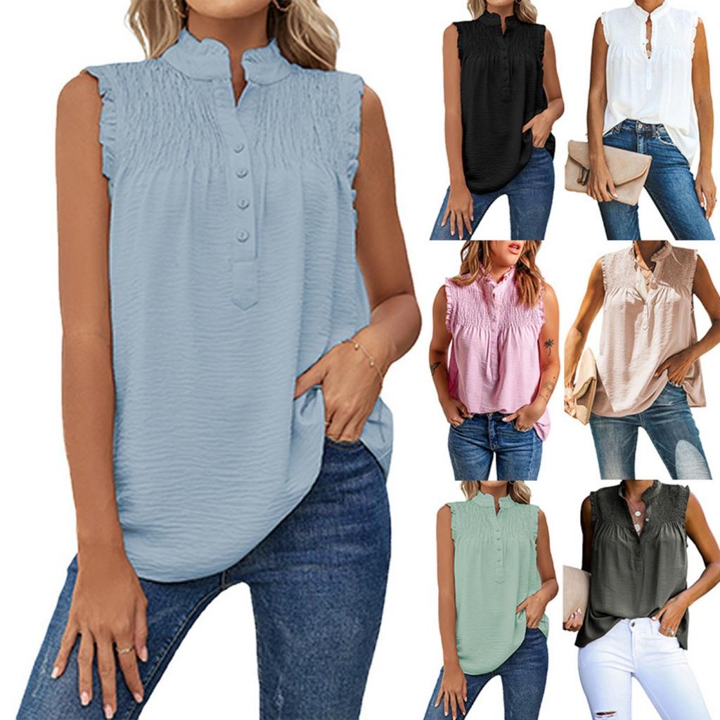 Women's Casual Loose Sleeveless High Neck Button Ruffle Tank Top, Plain Solid Color Versatile Blouse For Europe America, Spring Summer Daily Wear