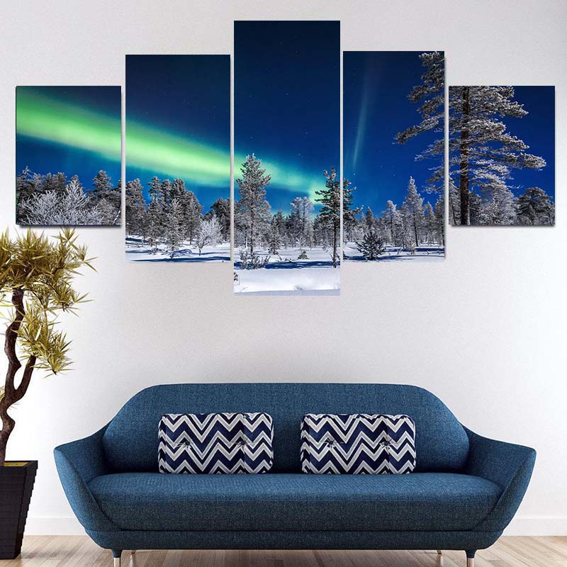 5 панелей пейзаж зеленый Аврора Полярная звезда свет ночное небо холст картины постеры — фото 4