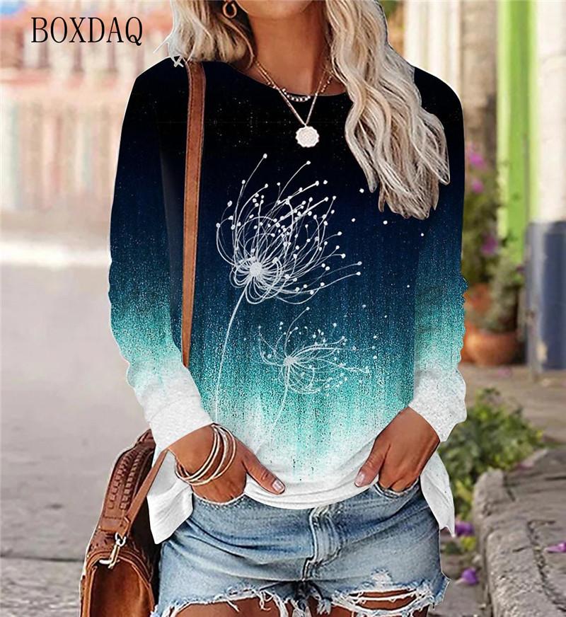 Dandelion Pattern Women's T-shirt Spring and Autumn Long Sleeve Gradient Round Neck Top