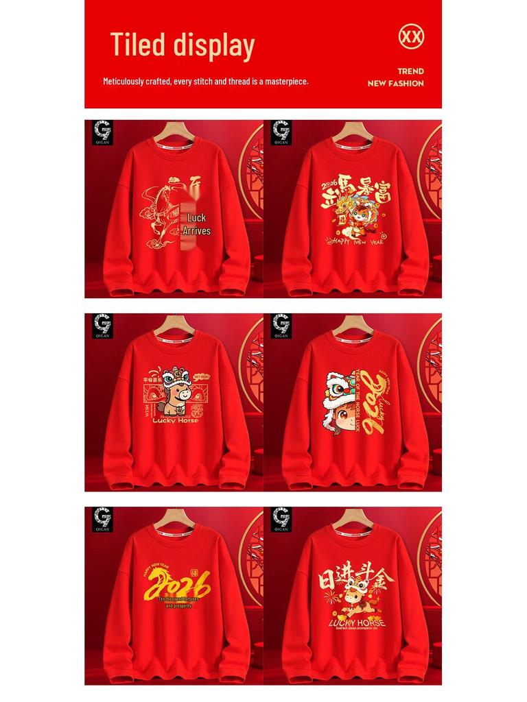2026 Year of the Horse Hoodie - Red Festive Teen Long Sleeve, Spring to Winter Style, Perfect for New Year Celebrations and Annual Meetings
