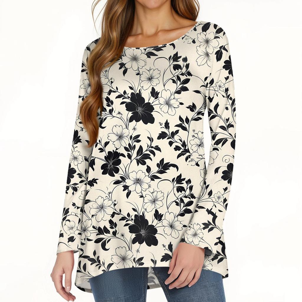 Women's Fashion Casual Long Sleeve Print Round Neck Pullover Top Blouse