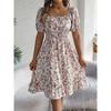 2026 Spring/Summer New Floral Print Square Neck Short Sleeve Waist-Cinching Ruffle Hem Women's A-Line Dress