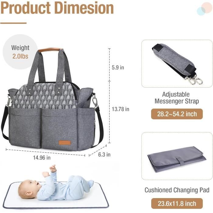 Sac À Langer Grande Capacité Lekebaby Avec Matelas À Langer,imprimé Flèche,gris
