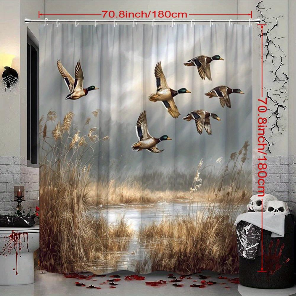 Rustic Duck Shower Curtain Mallard Flying Over Wetland Scene Polyester Bath Curtain With 12 Hooks For Nature Decor