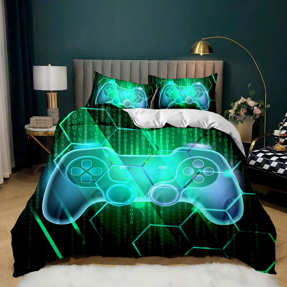 Gamepad Duvet Cover Set Twin King Size Polyester Gaming Comforter Cover Gamer Decor For Teen Boys Green Neon Gamepad Bedding Set