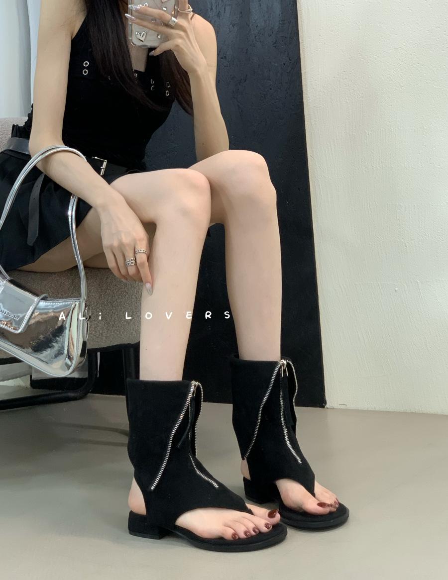 

thick heel French high-end pinch herringbone sandals women s shoes summer 2025 new trousers cool boots 39