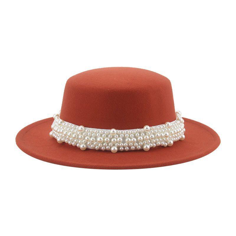 Top Hat Short Brim Hepburn Style British Style Small Round Tibetan High-end Jazz Hat Versatile Flat Top Felt Hat Pearl Premium New