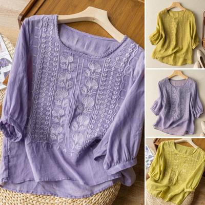 Women Shirt Round Neck Half Sleeve Embroidery Flower Pattern Tops Solid Color Thin Retro Blouse Daily Wear