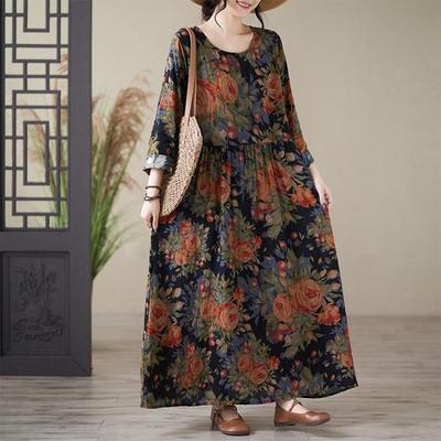 Blumenmuster Vintage Maxikleid für Damen Übergröße Frühling Sommer Locker Lang