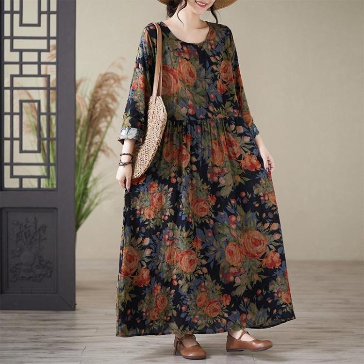 Floral Print Vintage Maxi Dress for Women Plus Size Spring Summer Loose Long Dress