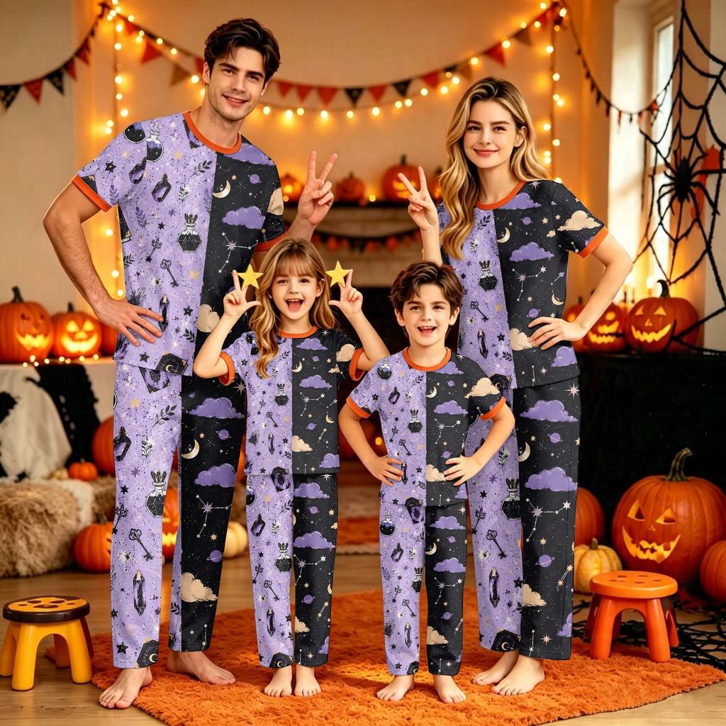 Family Matching Halloween Printed Pajama Set Short Sleeve Top and Pants for Parent and Child