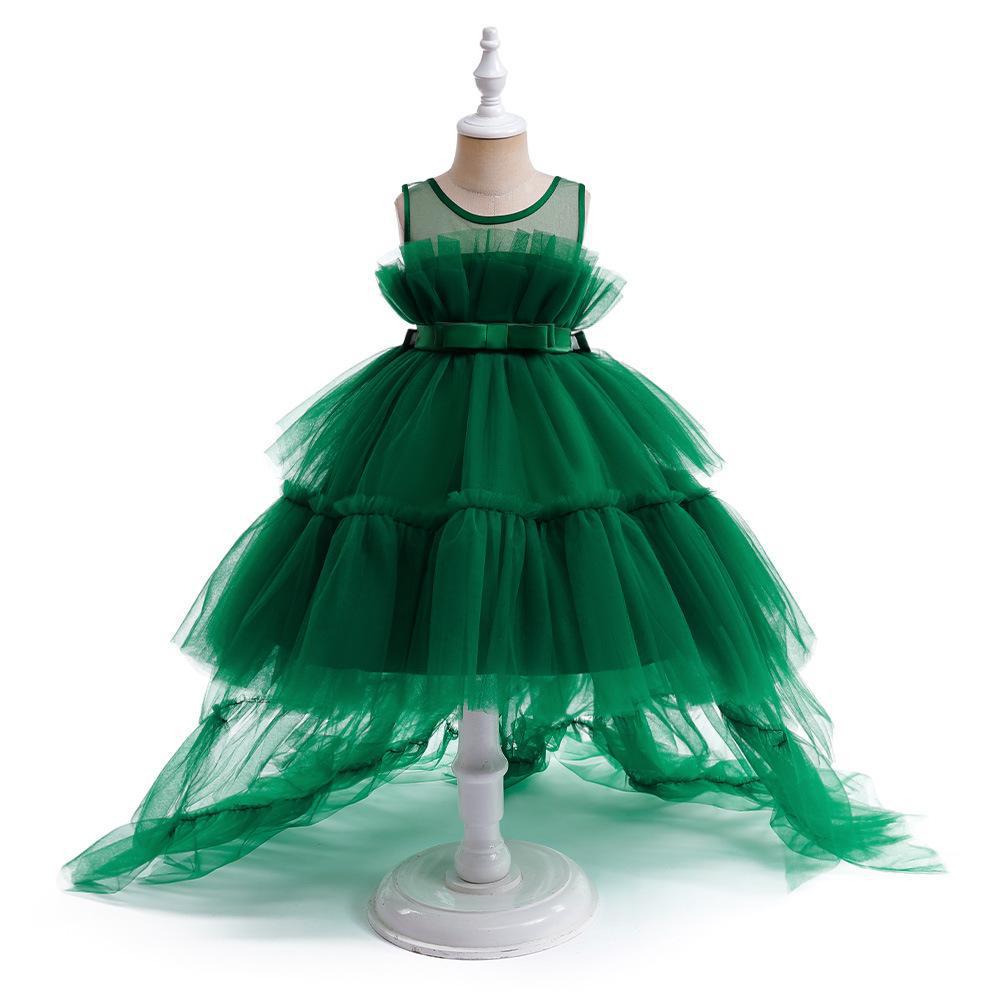 Girls' Princess Layered Puffy Train Gown for Piano Performances & Runway