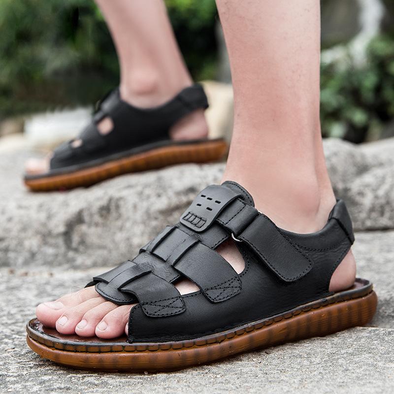Summer Cowhide Bag Head Men's Casual Hollow Hole Leather Sandals Men's Trendy Leather Driving Soft-soled Non-slip Beach Shoes