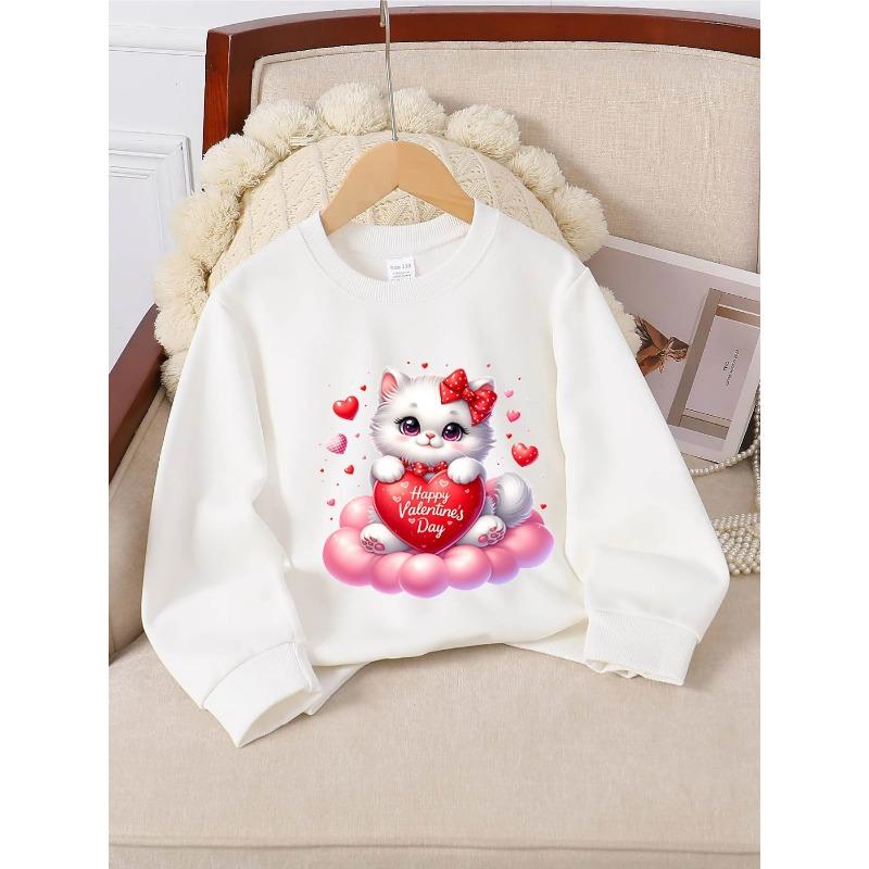 European sizes Crewneck Sweatshirt for Kids Featuring an Adorable Cat Heart Design, Ideal for Both Sports And Casual Outings. Soft And Comfy